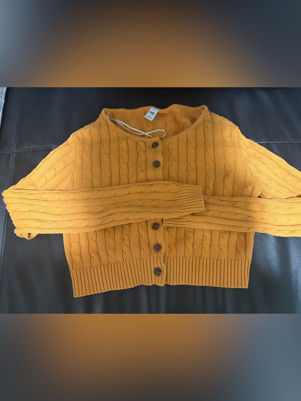 twik mustard yellow cable knit sweater- button detail